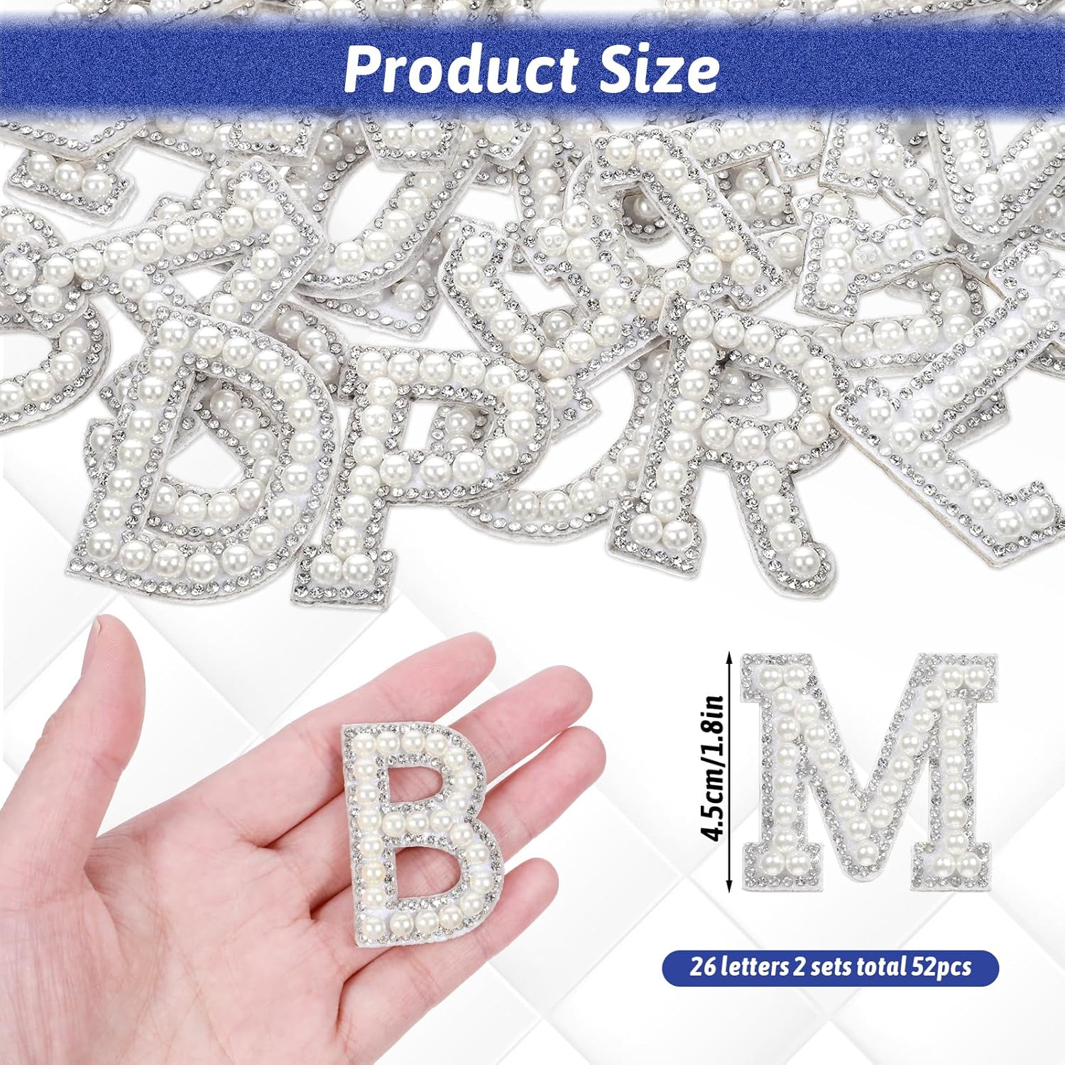 52 Pcs Iron on Letters Pearl Letter Patches with Pearl Rhinestone Self Adhesive A-Z Stick on Pearl Letter Patches for Clothes, Fabric, Backpack
